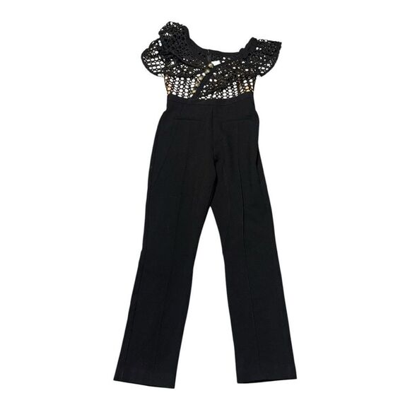 SELF PORTRAIT X REVOLVE black Lace Guipure Frill off the shoulder Jumpsuit sz 6 - Picture 5 of 11